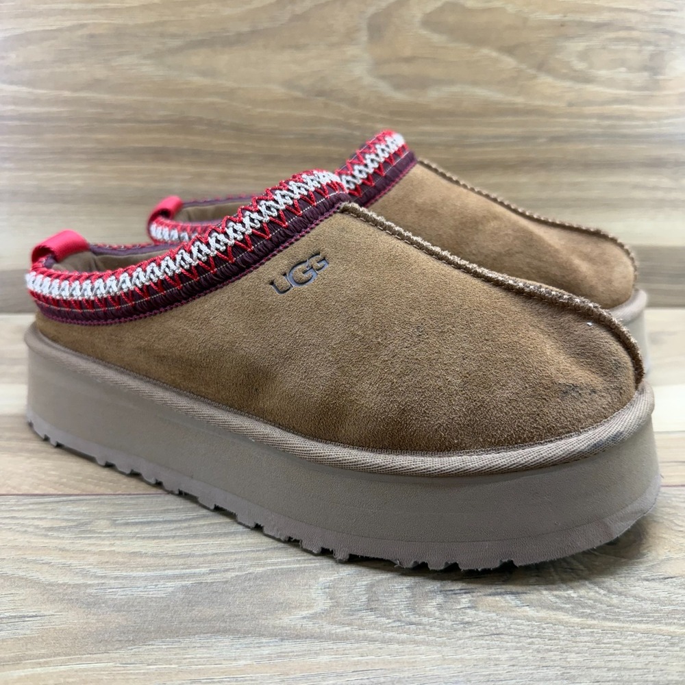 UGG Tazz Platform Slippers Womens 8 Chestnut Suede Sherpa Shearling Lined Tasman - Picture 2 of 12